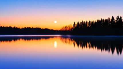 Fototapeta premium A tranquil lake reflecting a vibrant sunset with a full moon hanging in the sky above the trees on the horizon.