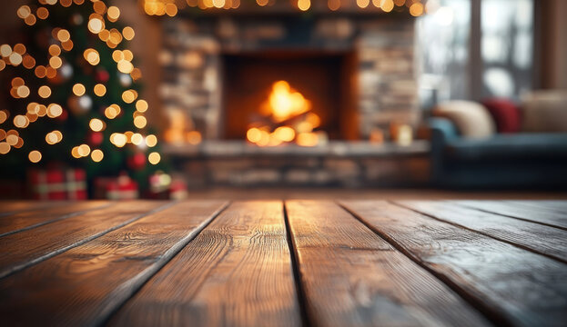 Holiday able with christmas tree and fireplace with copy space
 - Powered by Adobe