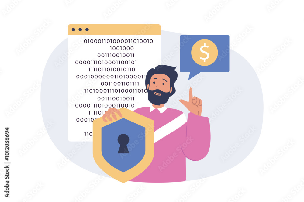 Aufkleber Cyber security concept in modern flat design for web. Man using protective system for his personal finance accounts with encryptions and locking access with key verification. Vector illustration.