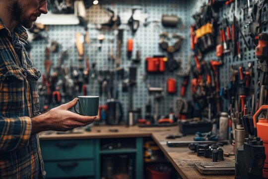 Person holding a cup while standing in workshop having various tools and devices. Focus on a cup in individual's hand, with organized tools and equipment around the, Generative AI