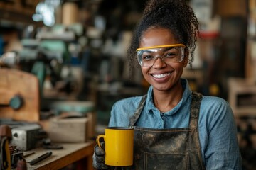 African American woman wearing workshop apron and safety goggles, holding yellow mug while smiling and conversing with colleague in woodshop filled with tools and, Generative AI