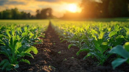 Rows of young green plants in a field at sunset.