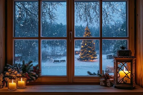 Cozy Lantern by the Window: A Snowy View and Festive Tree