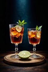 Two glasses of alcoholic drink on a dark background drinks