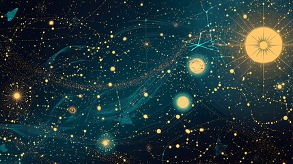 Abstract cosmic background with stars, planets, and constellations.