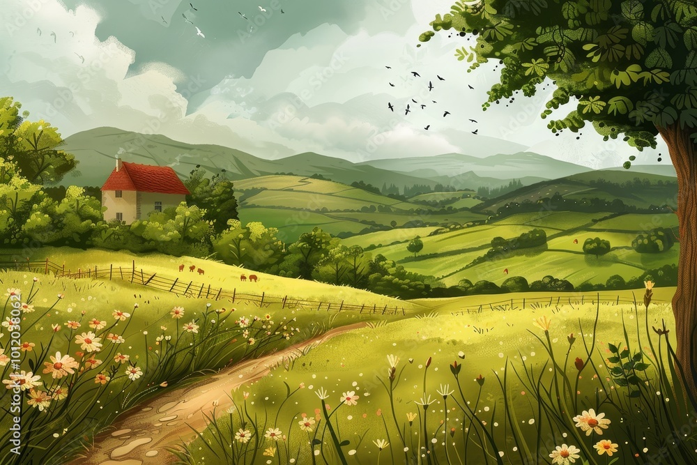 Poster a serene countryside scene of a rustic house surrounded by golden fields and gentle hills under a cl
