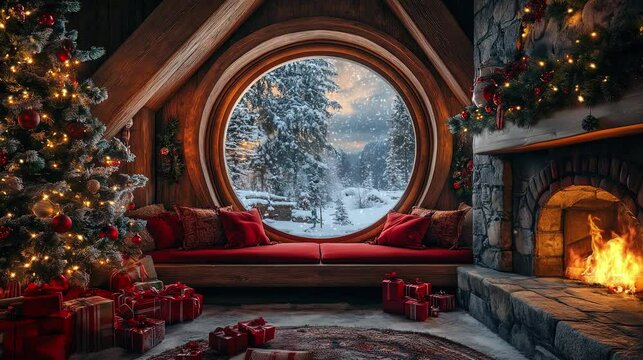 Cozy Cabin Christmas: Fireplace, Tree, and Snowy Forest Loop