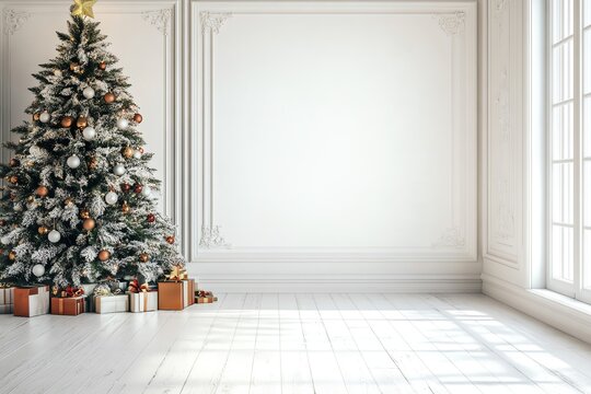 Elegant Christmas tree in minimalist room with white walls, natural light, and wrapped gifts, creating a serene holiday atmosphere.