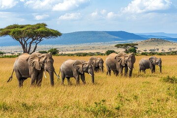 Obraz premium A herd of elephants strolls across the vast savannah under a clear blue sky, with mountains and acacia trees in the distance.