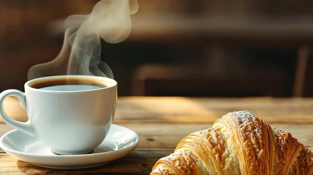 Coffee cup with steam and croissant on wooden table, cozy morning breakfast concept