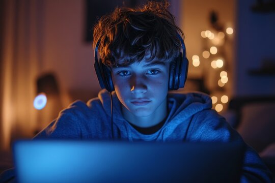 Portrait of teenage boy playing video games online on laptop with wireless headset at night in dimly lit room, Generative AI