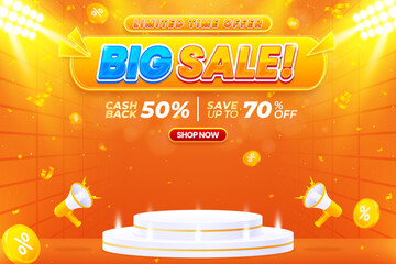 Gradient big sale promo banner design template with podium to promote your business