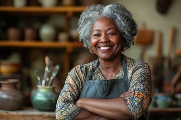 Candid portrait of smiling Black senior woman enjoying pottery class in art studio lit by sunlight copy space, Generative AI
