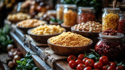A variety of dried pasta and other ingredients, including tomatoes, red pepper flakes, chickpeas, and basil leaves, are arranged on a wooden counter.