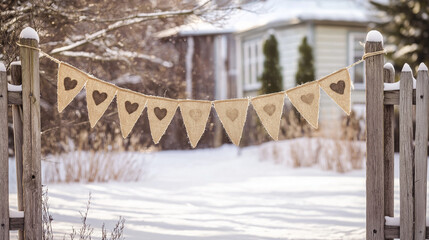 Obraz premium Burlap heart bunting in snowy backyard