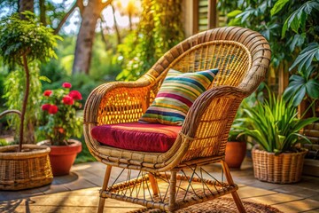Obraz premium Cozy Wicker Chair Perfect for Relaxing Indoors or Outdoors with Natural Textures and Earthy Tones