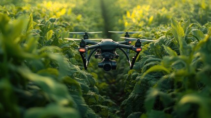 A drone flies over a field of green corn.