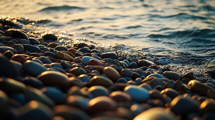 Obraz premium Close-up of a pebble beach with gentle waves lapping at the shore at sunset.