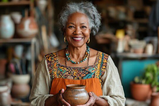 Waist up portrait of senior Black woman smiling at camera and holding handmade pottery piece in workshop, copy space, Generative AI
