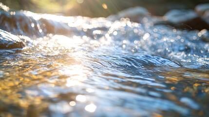 Fototapeta premium Close-up of clear water flowing over rocks in a stream with sunlight shining through.