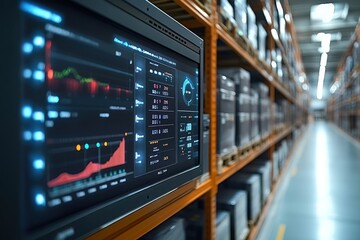 A large screen displaying data and graphs in a warehouse with rows of shelves.