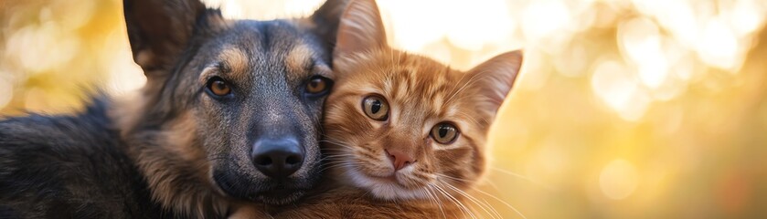 Obraz premium Cozy moment of a dog and cat cuddling in warm golden light, showcasing friendship and warmth in an autumn setting.