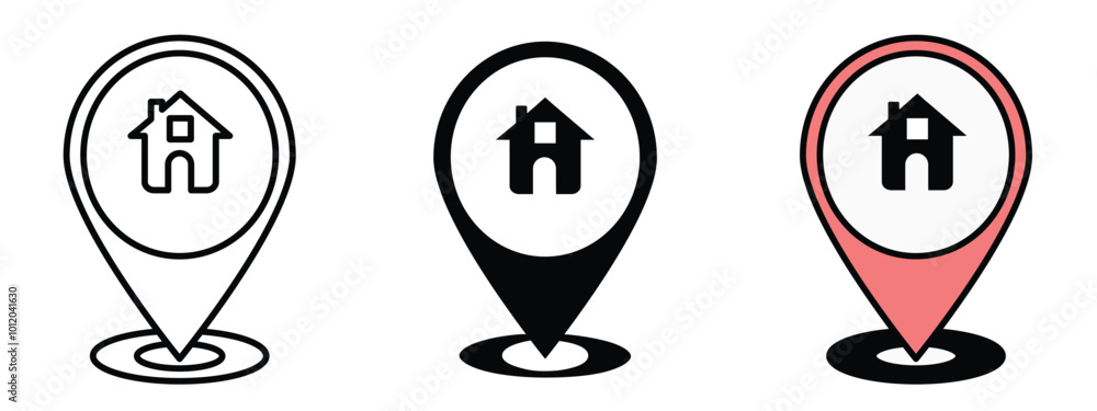 Aufkleber home location icon, home location icons in outline, silhouette and in editable color style fully edi