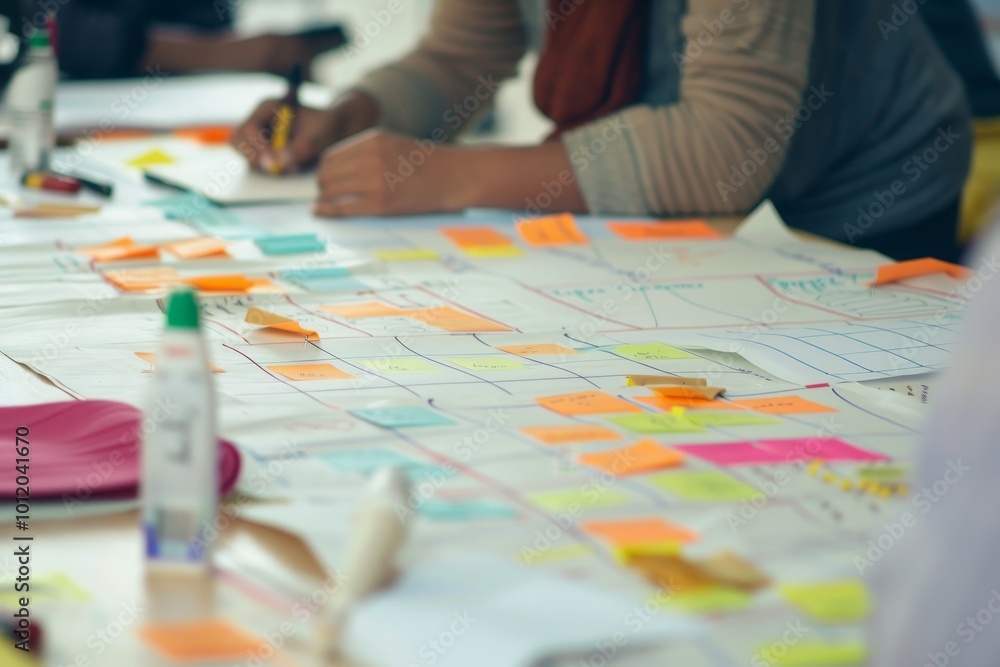 Poster team collaboration at a modern office space with a detailed project management board covered in colo