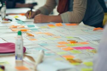 Fototapeta premium Team collaboration at a modern office space with a detailed project management board covered in colorful sticky notes during a daytime brainstorming session