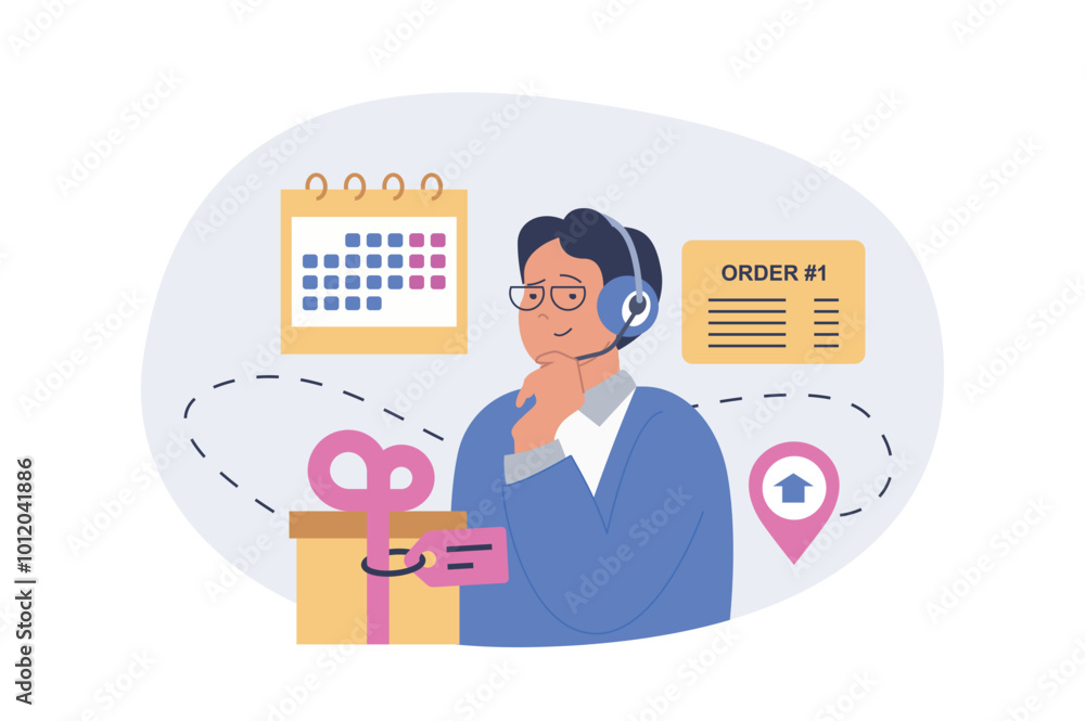 Leinwandbilder Delivery concept in modern flat design for web. Man in headset working as operator in logistic company, gets online order with gift shipping, planning date and location point. Vector illustration.