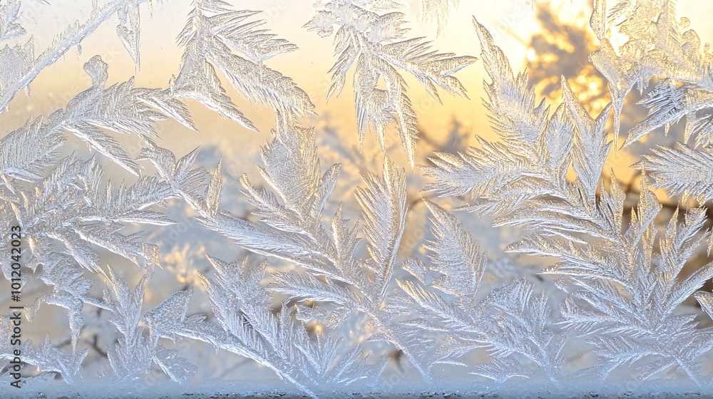 Poster detailed frost patterns on a windowpane with a blurred sunset in the background.
