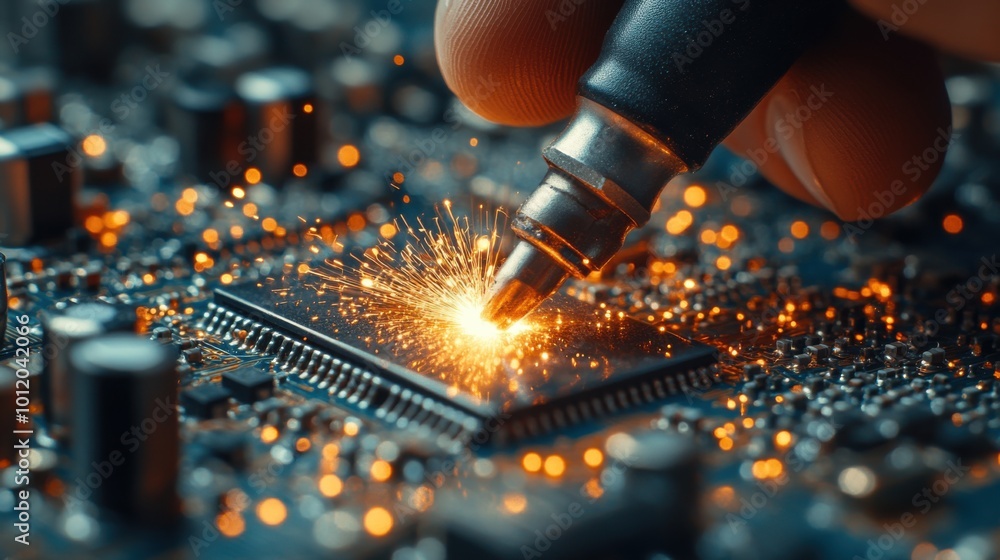 Poster creative precision soldering of electronic circuit microchip, close-up of technology and engineering