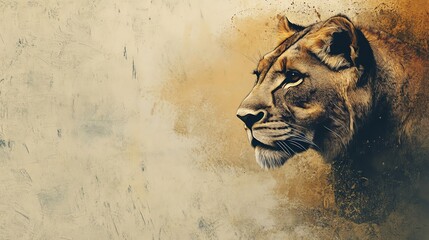 Artistic depiction of a lioness in profile with a textured background, capturing the essence of strength and grace in wildlife art.