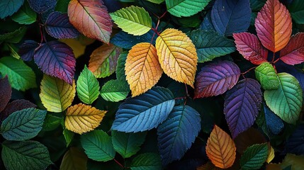 A collection of multicolored leaves in vibrant shades of green, yellow, red, and blue, covered with tiny water droplets. The rich diversity of colors creates a striking and dynamic composition, evokin