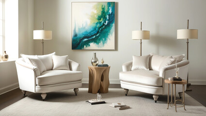 Modern living room interior featuring cozy, plush white sofas a wooden side table with decorative items.