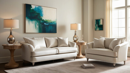 Modern living room interior featuring cozy, plush white sofas a wooden side table with decorative items.
