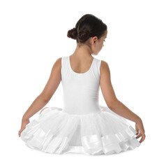 Fototapeta premium Little ballerina sitting on white background, back view