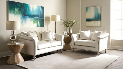 Modern living room interior featuring cozy, plush white sofas a wooden side table with decorative items.
