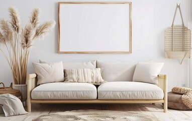 A white couch with pillows and a Blank horizontal poster frame mock on the wall