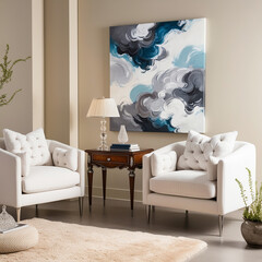Modern living room interior featuring cozy, plush white sofas a wooden side table with decorative items.