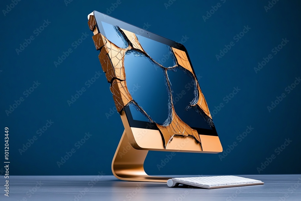 Poster Abstract minimalist design of a computer with cracks, symbolizing a security breach leading to data theft