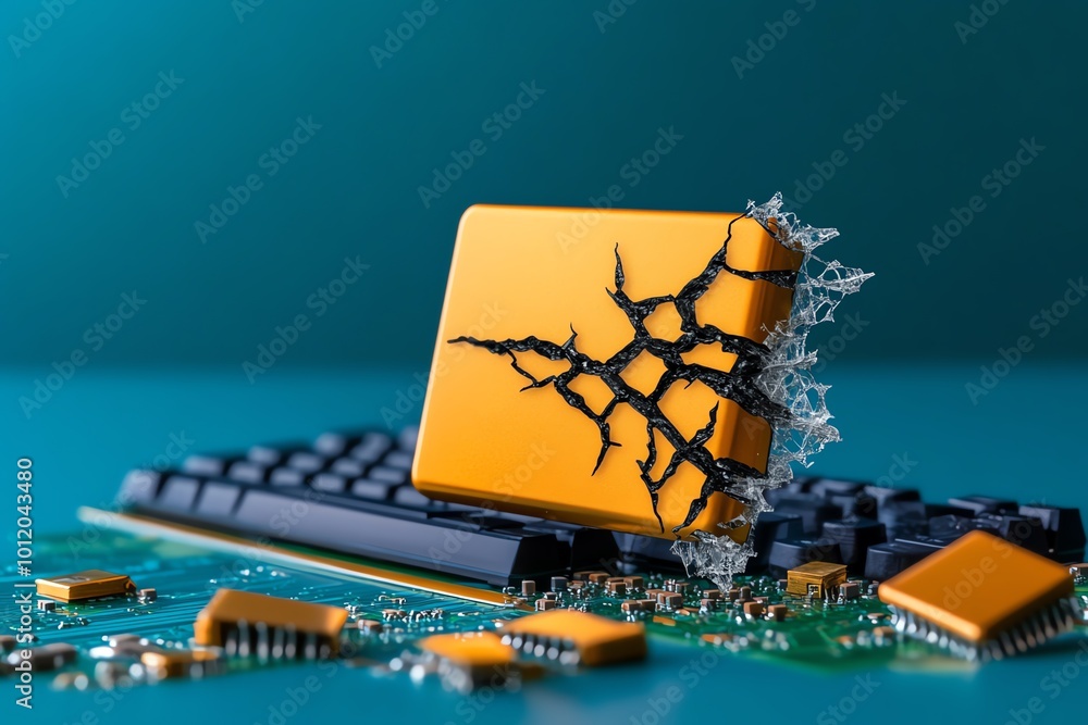 Poster Abstract minimalist design of a computer with cracks, symbolizing a security breach leading to data theft
