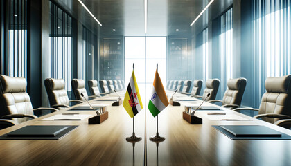 A modern conference room with Brunei and India flags on a long table, symbolizing a bilateral meeting or diplomatic discussions between the two nations.