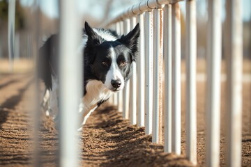 A determined Border Collie skillfully navigates through an agility course on a sunny day, showcasing speed and focus.
