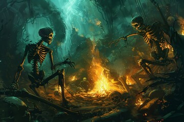 Dancing skeletons celebrate around a glowing fire in a mystical forest during twilight, surrounded by glowing sparks and vibrant flowers