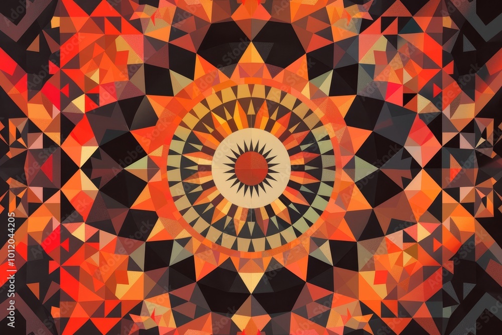 Poster Abstract geometric pattern featuring vibrant orange and dark hues, created through intricate shapes and lines, showcasing layers and depth in a modern artistic design