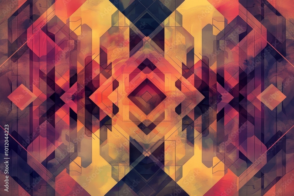 Poster Abstract geometric pattern featuring vibrant orange and dark hues, created through intricate shapes and lines, showcasing layers and depth in a modern artistic design
