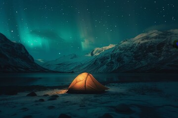 Under the auroras: A cozy tent illuminated by warm light in the snowy wilderness during a clear night in the northern region