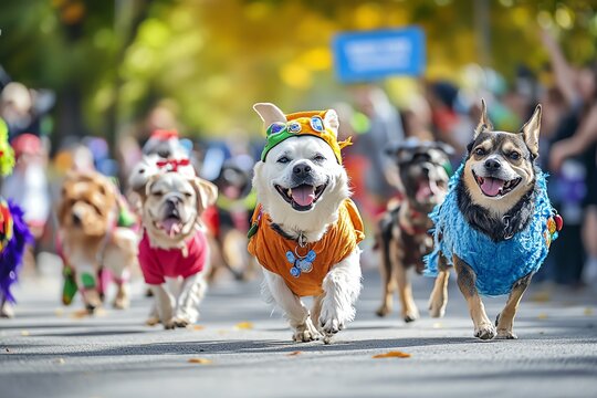 Adorable dogs in colorful costumes joyfully parade down a street lined with autumn leaves, capturing the spirit of fall festivities.