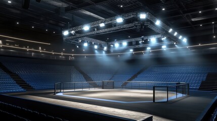 3D Rendering of an Empty MMA Arena Viewed from the Side with Complete Stands and Lighting. AI generated illustration